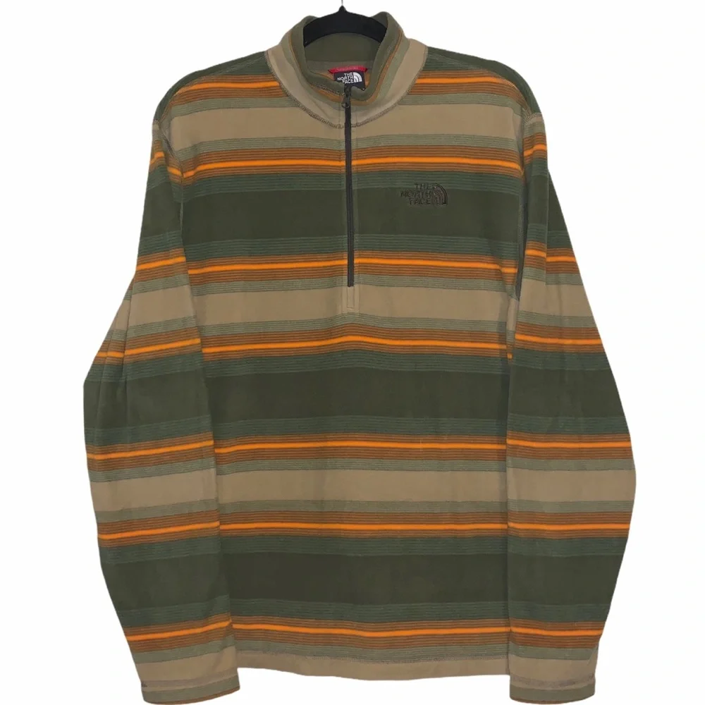 The North Face Olive Green Tan and Orange Striped Half-Zip Pullover